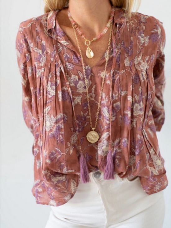 Marea By Liz Joy Tops - Pleated Floral V-Neck Blouse in Dusty Rose